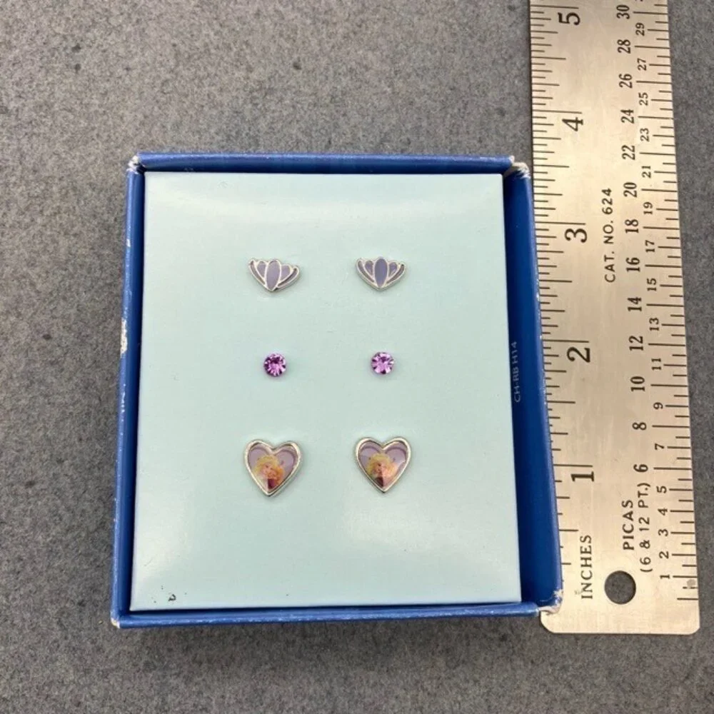 Disney Frozen Stud Earring Set Box 3 Pair Heart Crown Gem Kids Pink Purple Glam